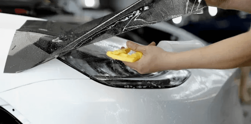 PPF installation on headlight — film being applied